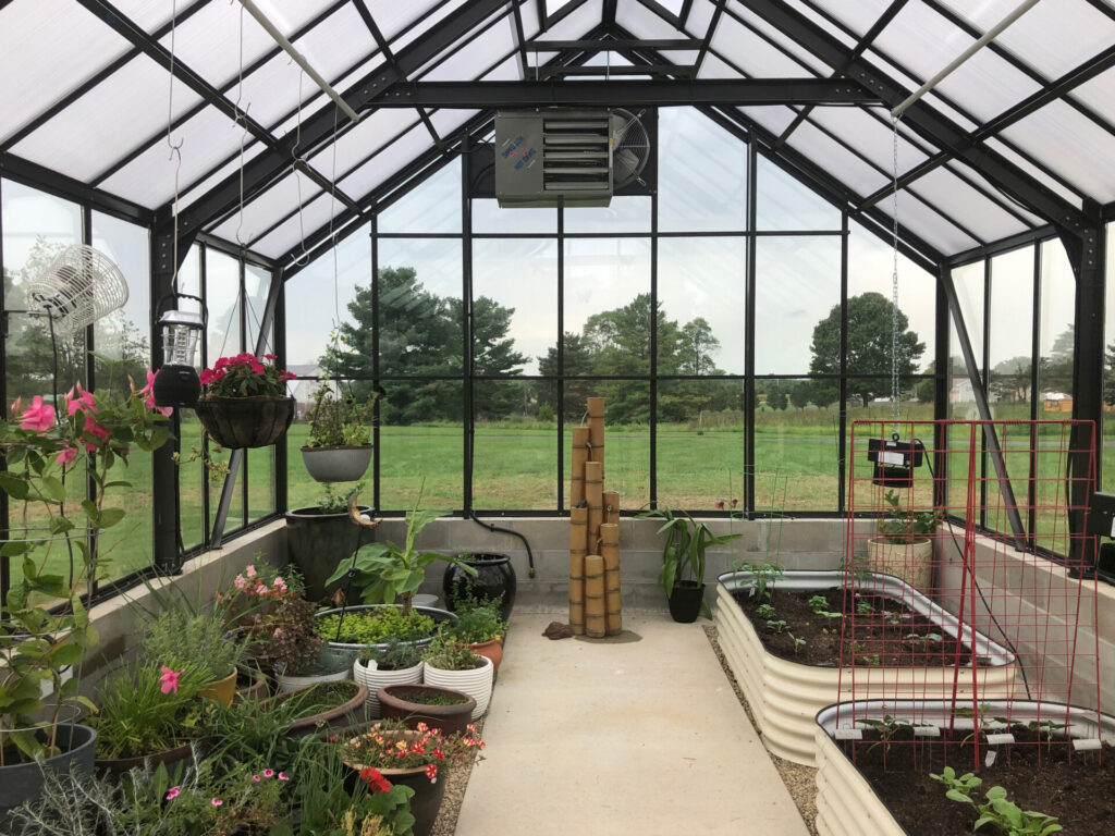 Inside view of a Cross Country Cottage greenhouse