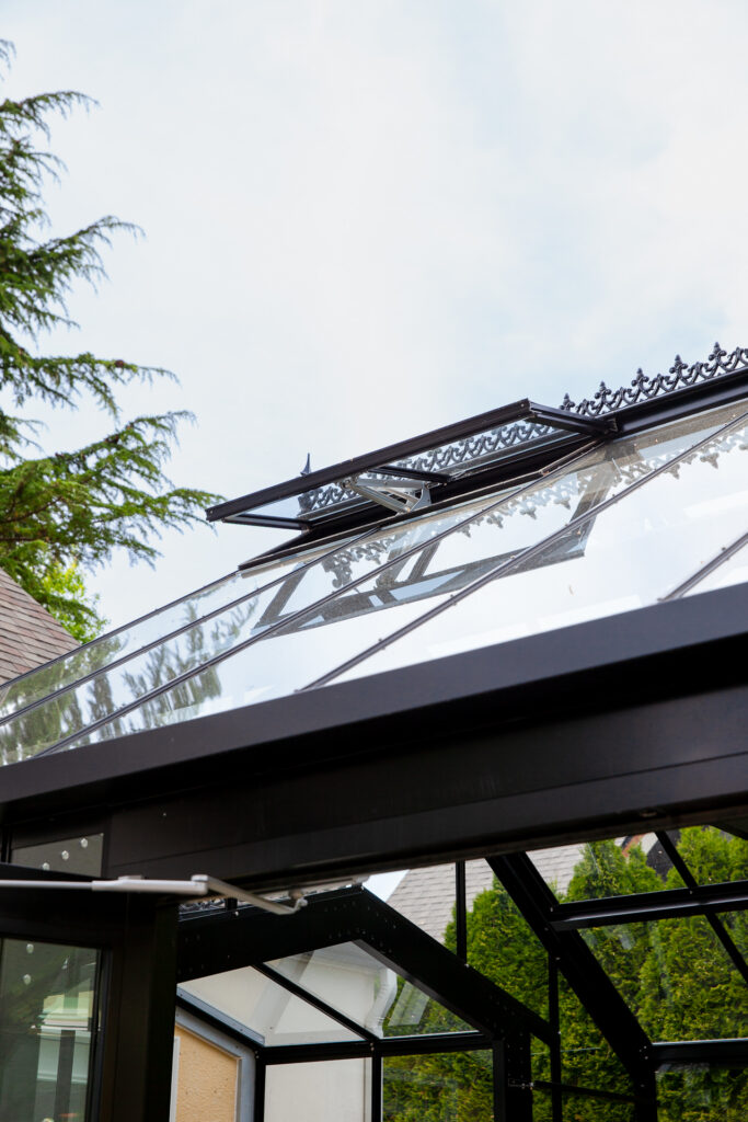 Cross Country Traditional Greenhouse roof automatic vent open in summer heat